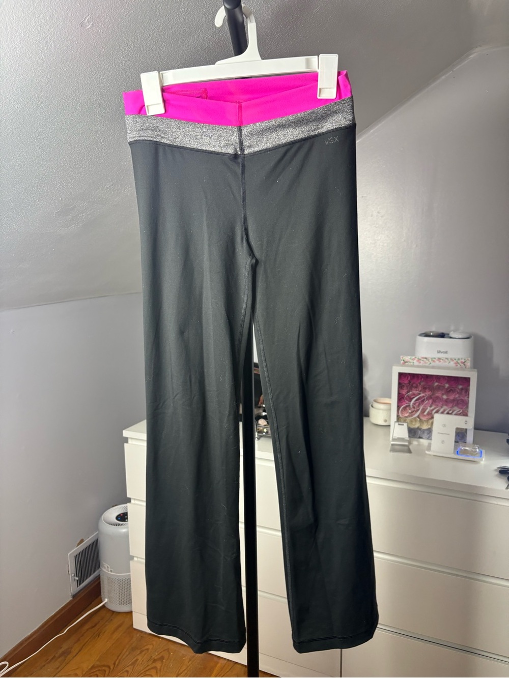VSX Black Yoga Pants with Hot Pink Inner Waistband and Silver Trim